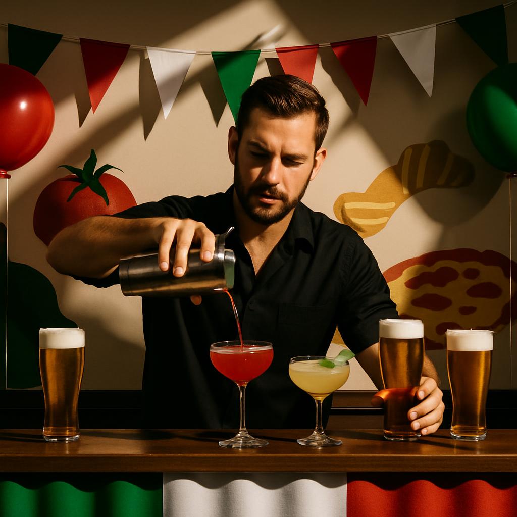 Un barman prepara cócteles iluminado por una luz potente. También se observa algunas banderas pintadas con colores verdes,...