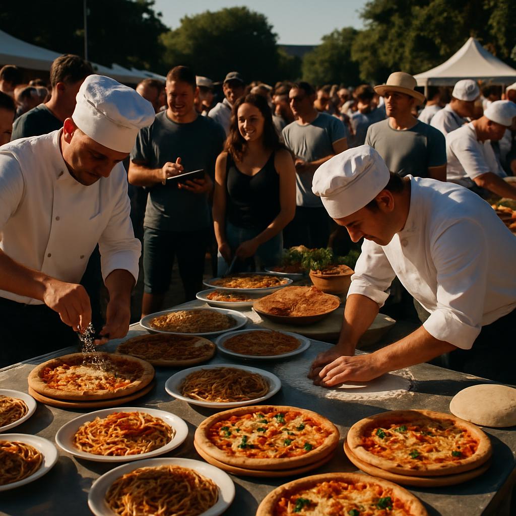 Pizzaiolos Confeccionando Pizzas Para una Multitud. Dos pizzaiolos con uniforme y gorro de cocina están preparando pizzas ...