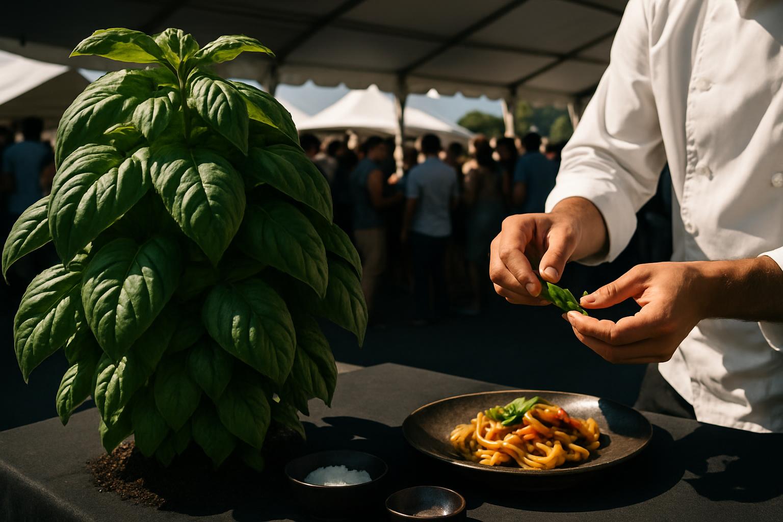 A chef prepares basil pasta on a black dish.