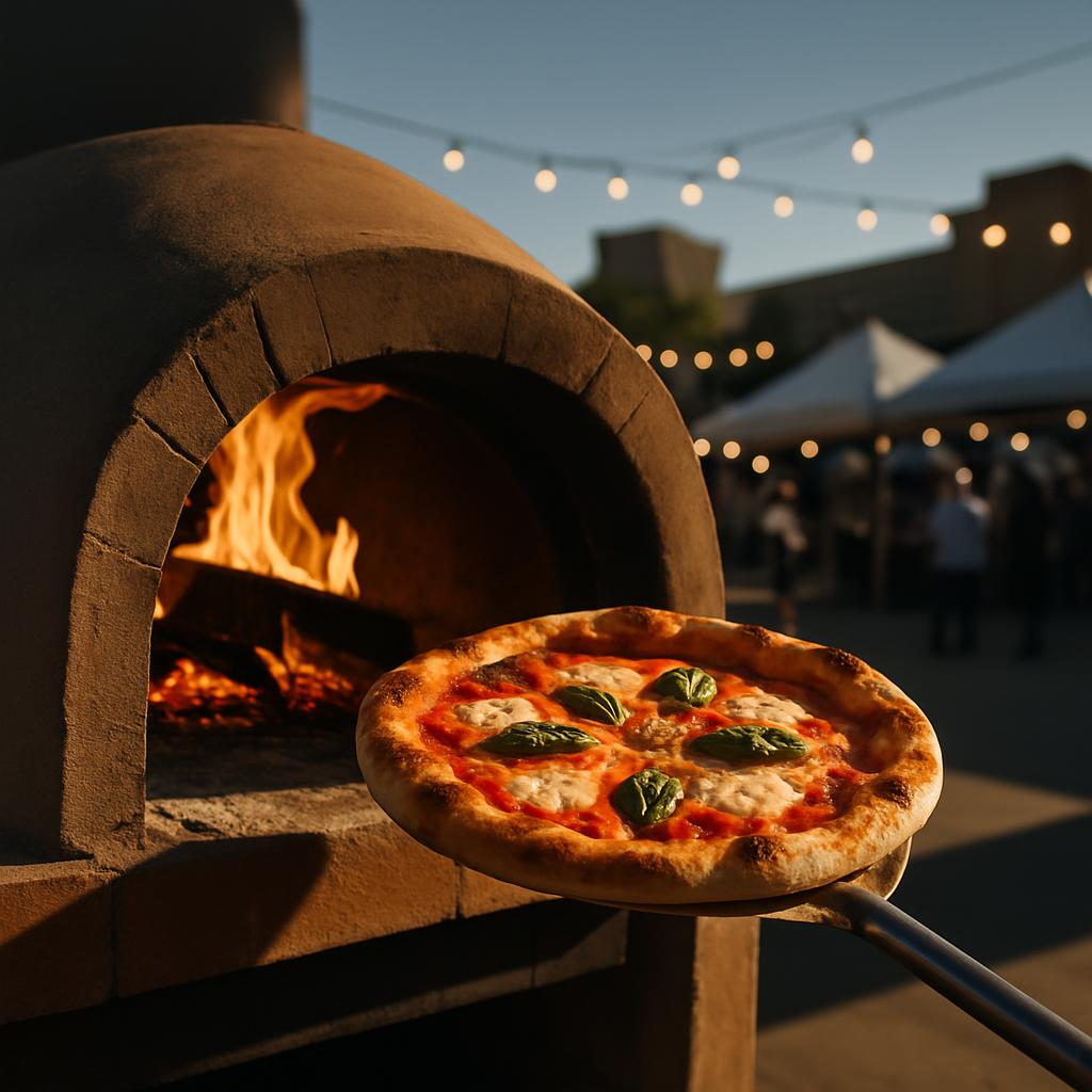 The image features a pizza on a metal peel being inserted into a wood-fired brick-style oven. The pizza has a round, circu...