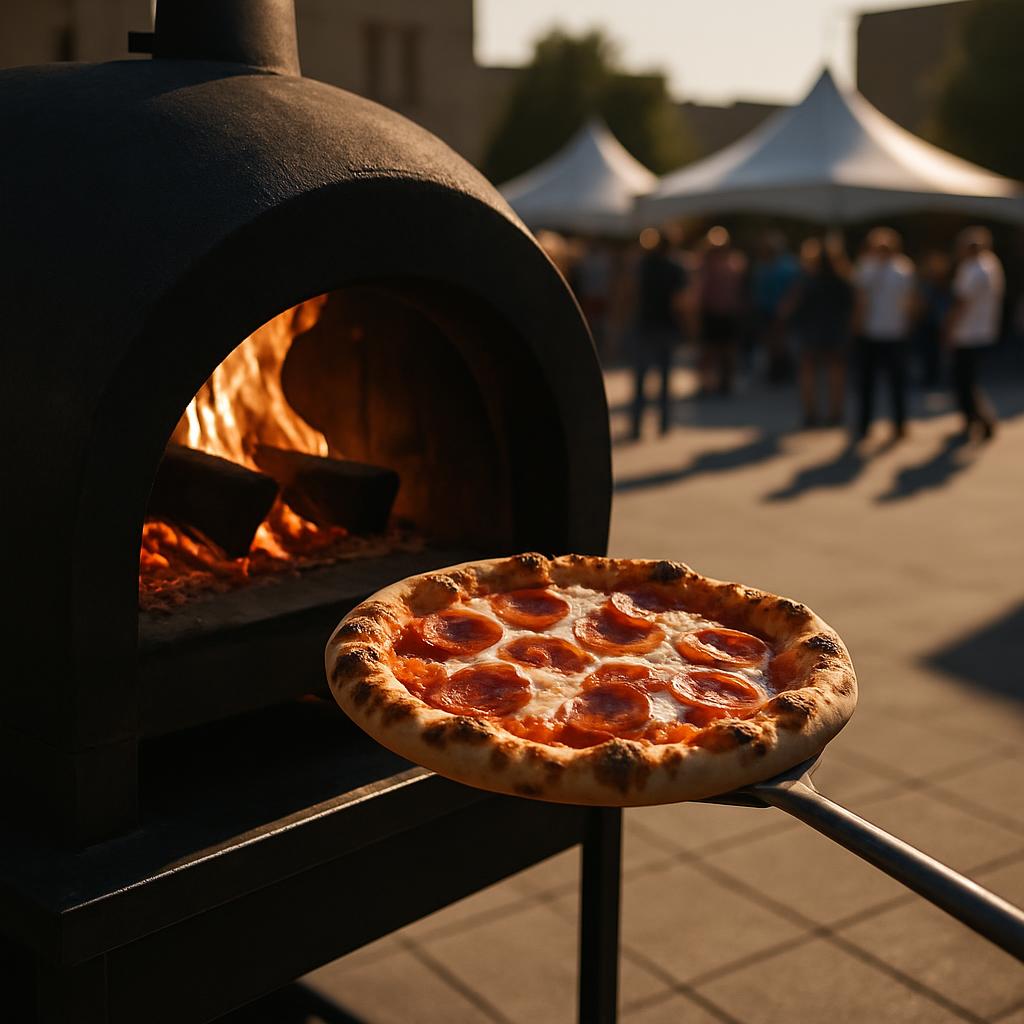 Image desc: wood-fired pizza oven for outdoor catering with a small, freshly backed pizza on a peel.